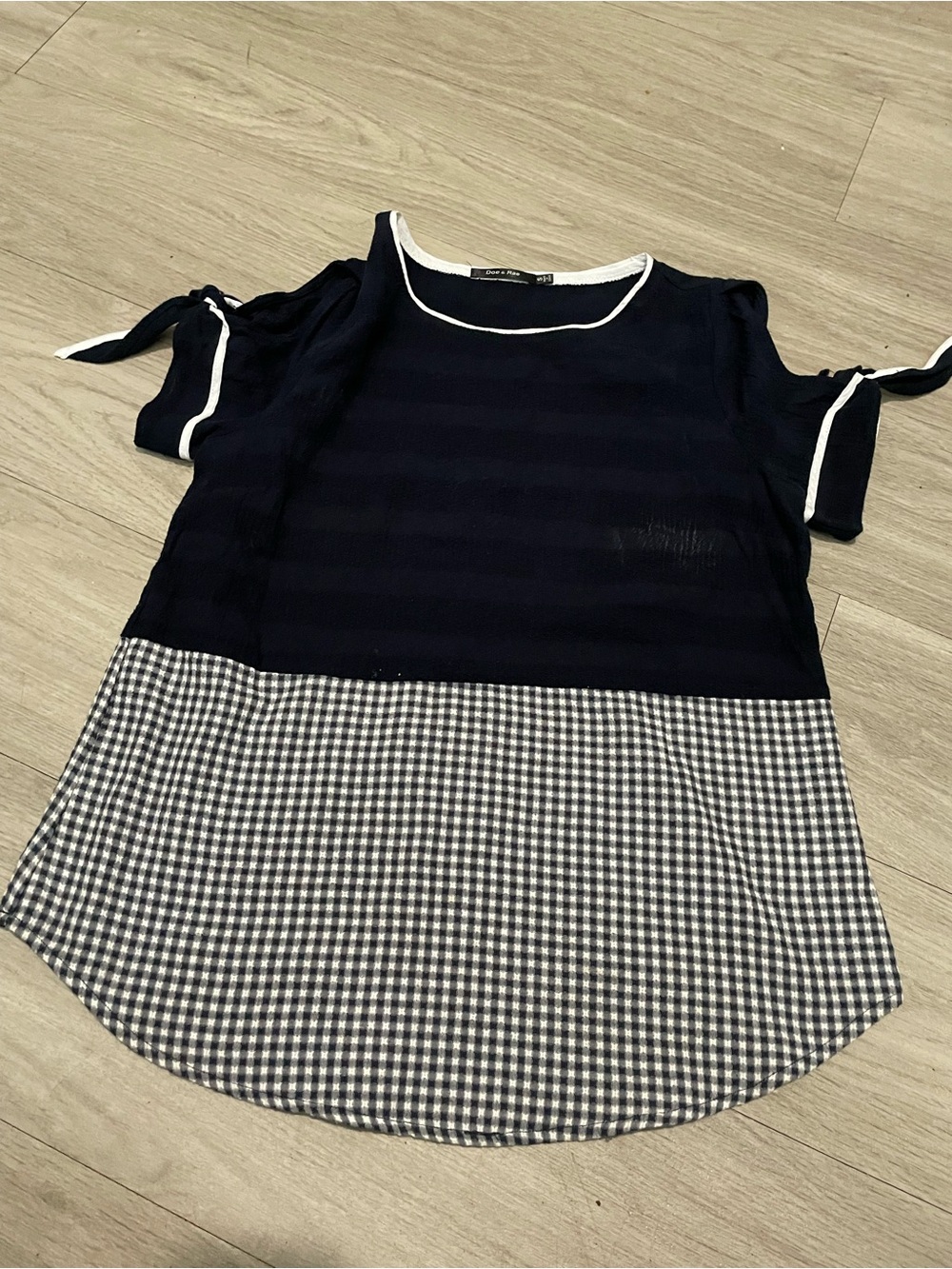 Doe & Rae Navy and White Checked Cold-Shoulder Blouse